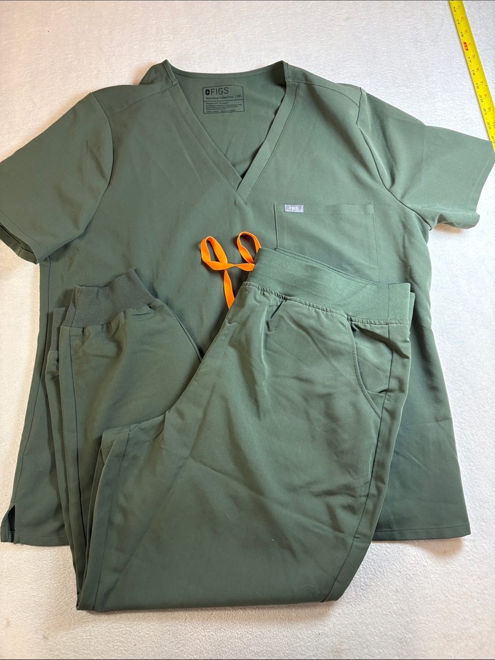 Figs Women's Olive Green Scrub Set with Orange Drawstring Accent